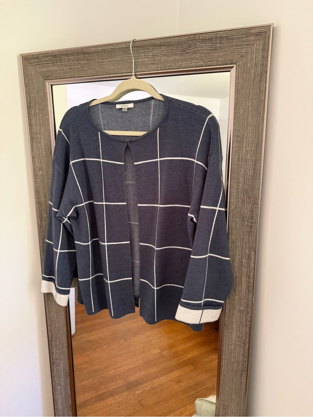 Windowpane Knit Cardigan Sweater Blazer in Dusty Blue and White